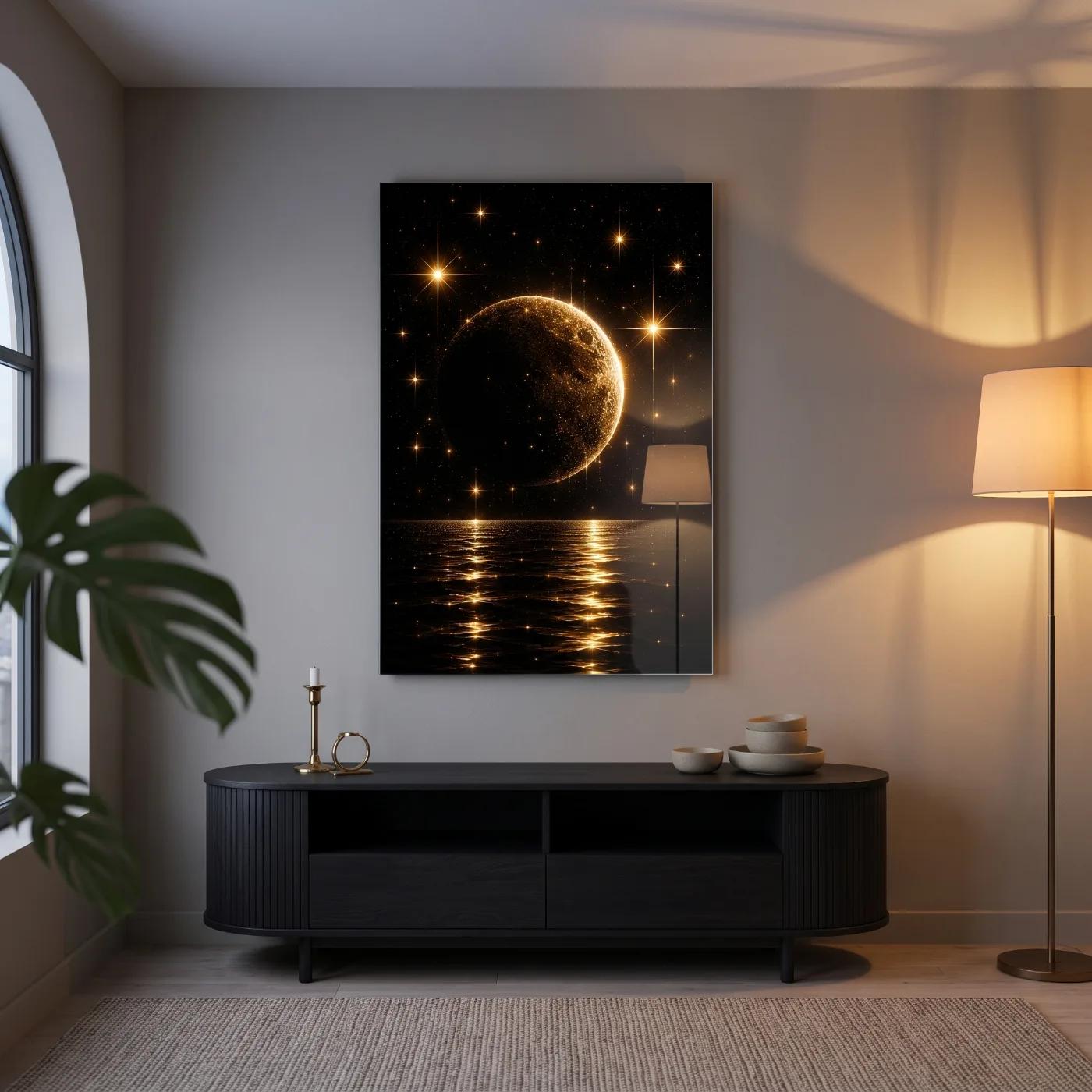 Golden Moon Wall Art Celestial Ocean Reflection Glass Wall Art — 2
