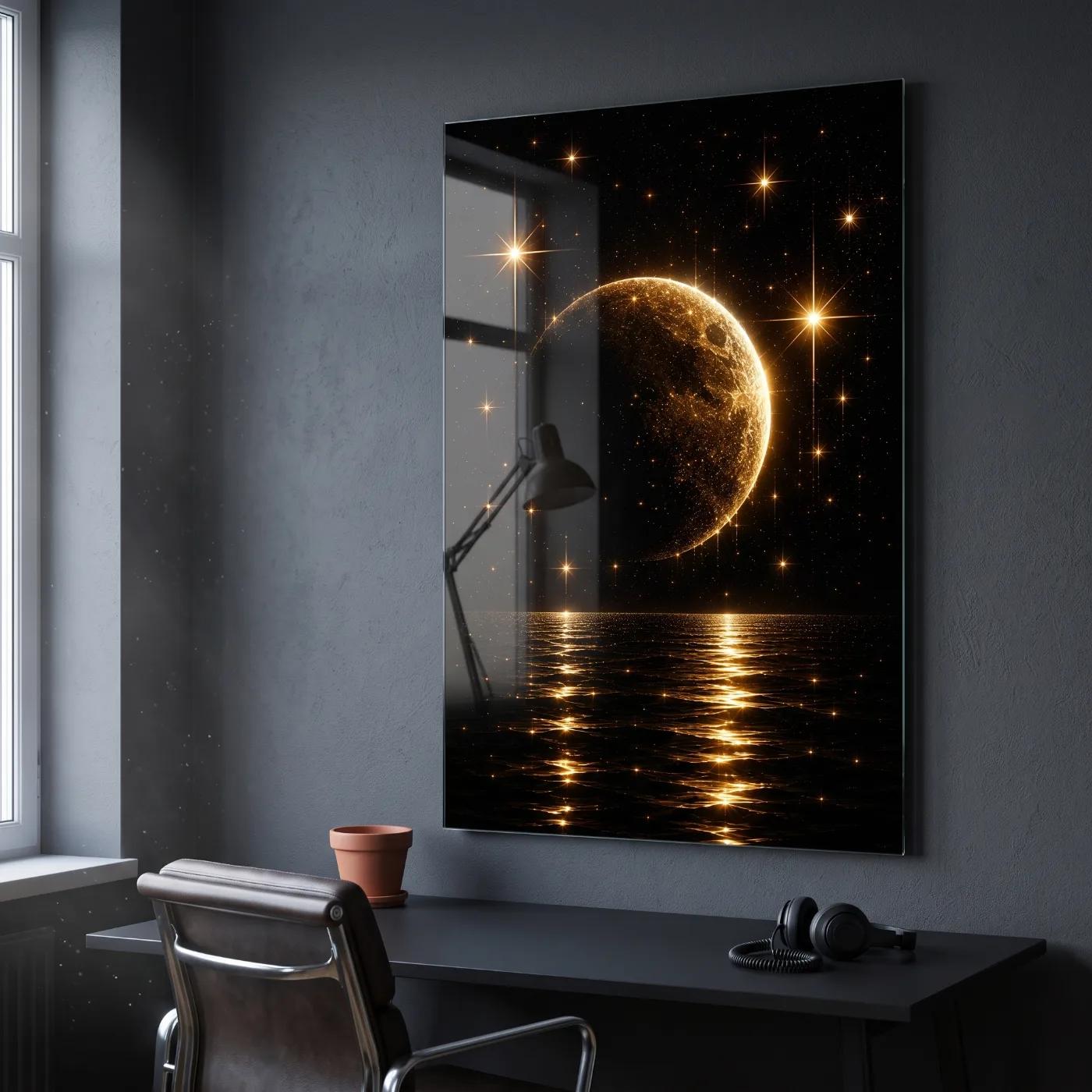 Golden Moon Wall Art Celestial Ocean Reflection Glass Wall Art — 4