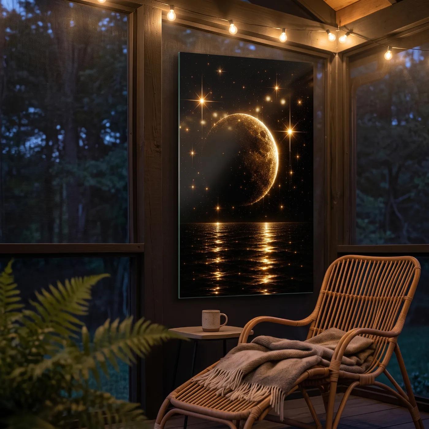 Golden Moon Wall Art Celestial Ocean Reflection Glass Wall Art — 5