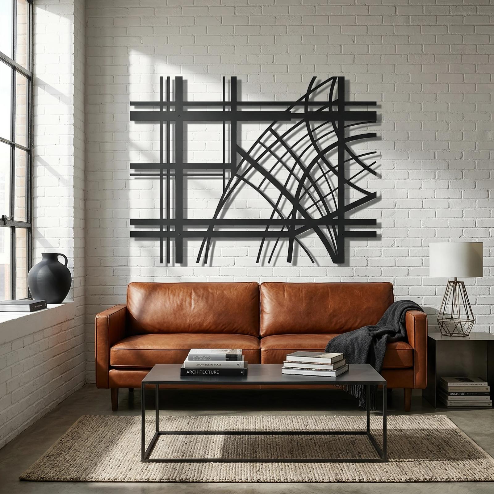Abstract Geometric Metal Wall Art – Grid Arcs, Modern Industrial Decor for Living Room