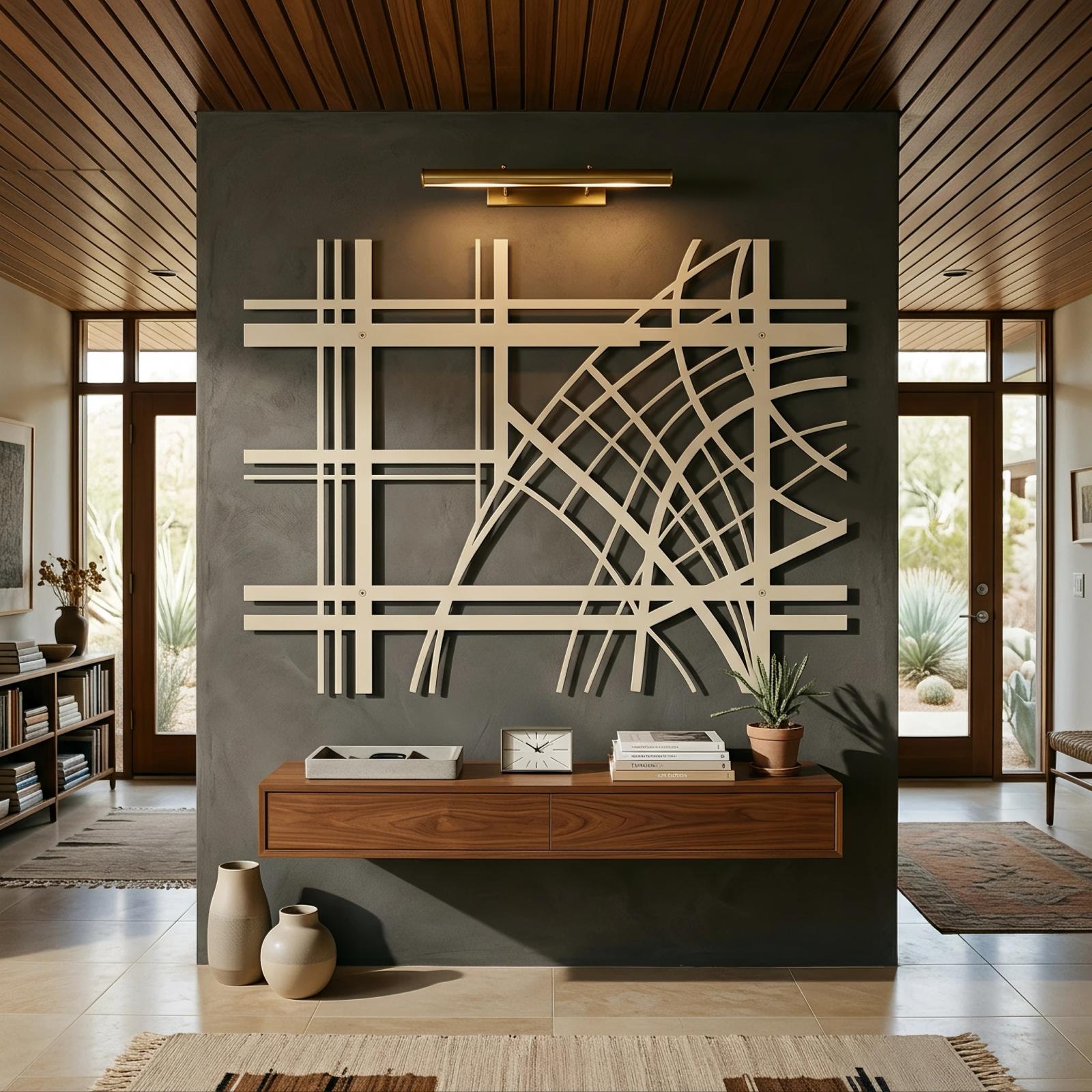 Abstract Geometric Metal Wall Art – Grid Arcs, Modern Industrial Decor for Living Room — 2