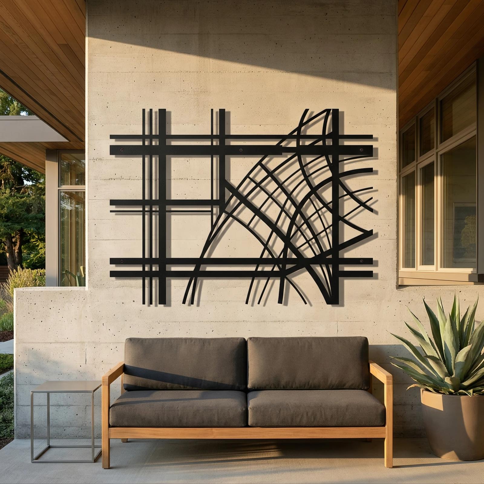 Abstract Geometric Metal Wall Art – Grid Arcs, Modern Industrial Decor for Living Room — 4
