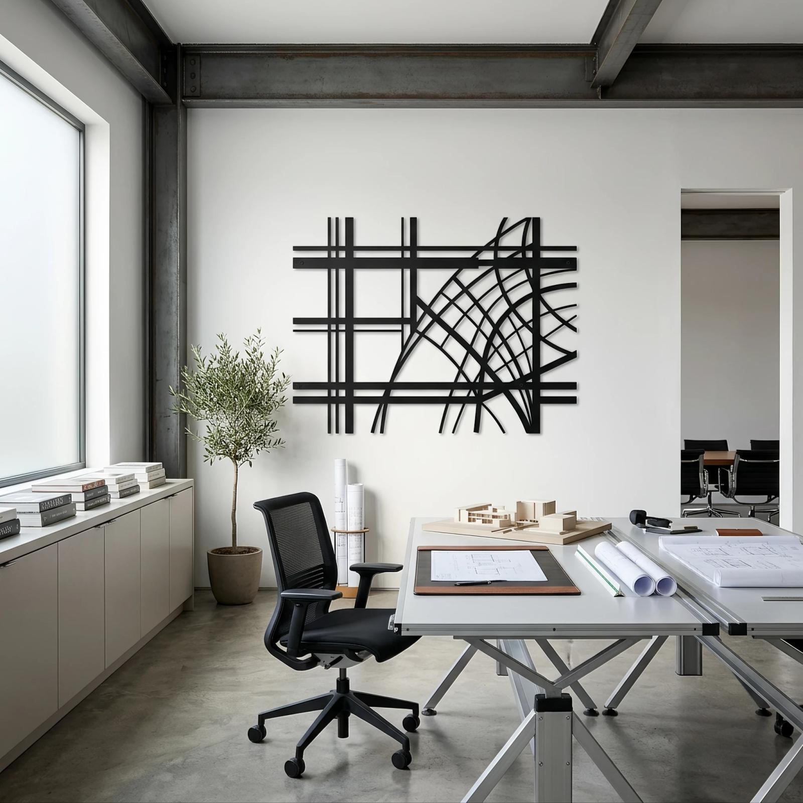 Abstract Geometric Metal Wall Art – Grid Arcs, Modern Industrial Decor for Living Room — 8