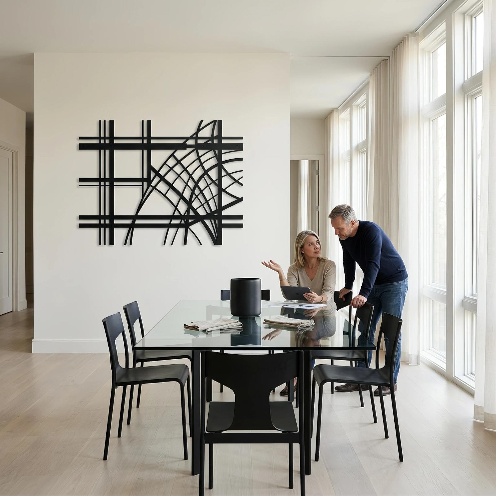 Abstract Geometric Metal Wall Art – Grid Arcs, Modern Industrial Decor for Living Room — 9
