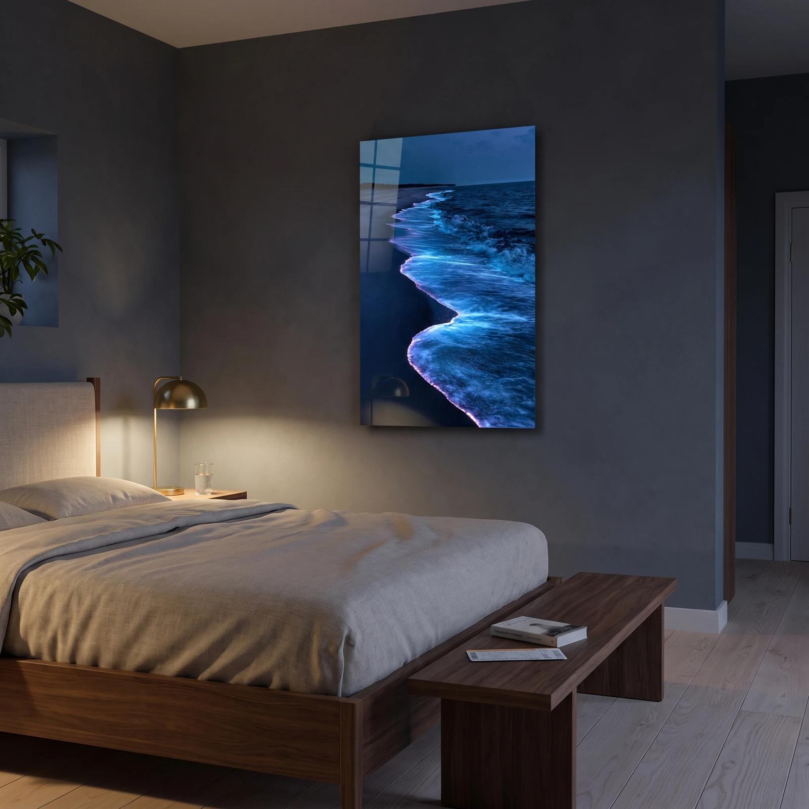 Bioluminescent Ocean Wave Art Glowing Night Shoreline | Glass Wall Art