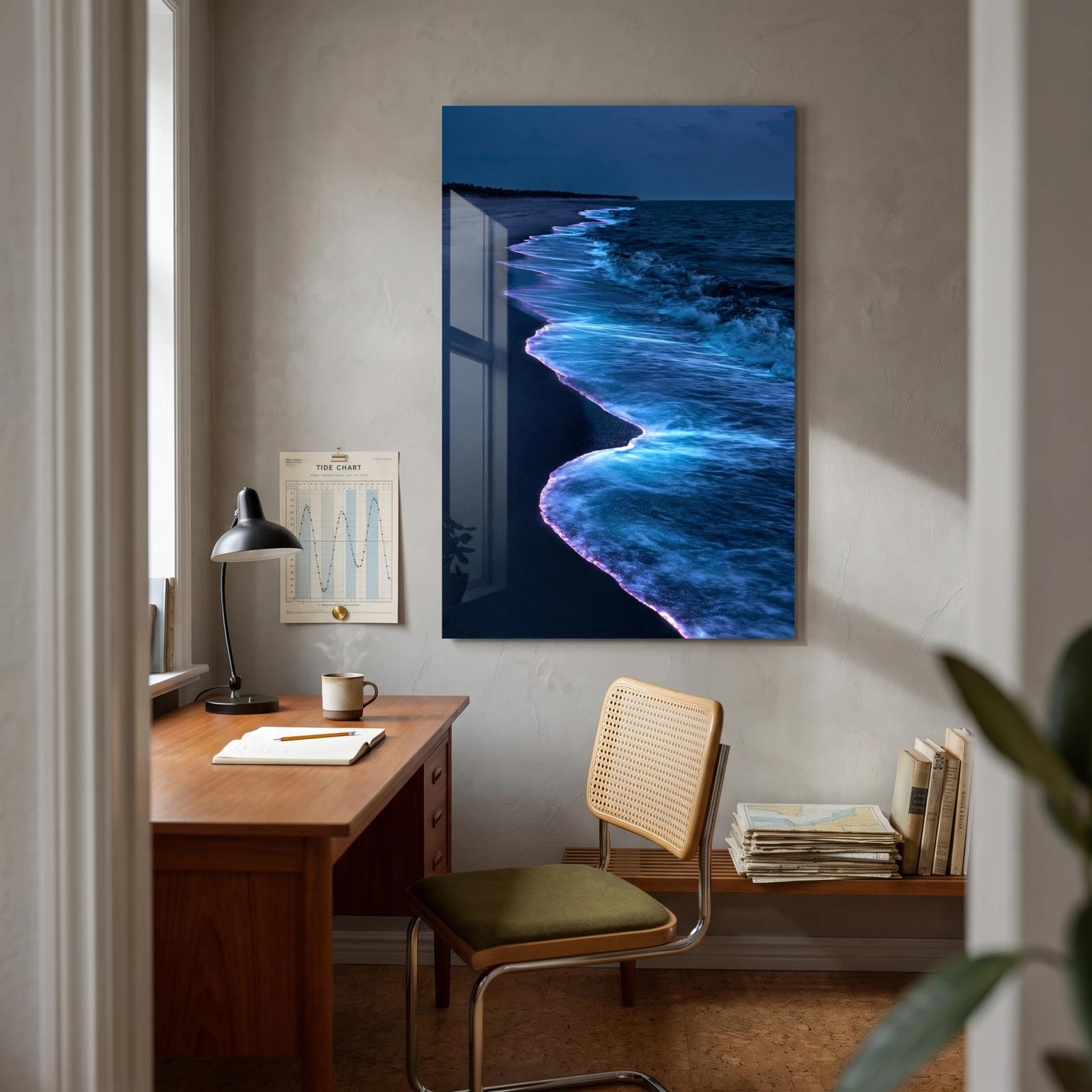Bioluminescent Ocean Wave Art Glowing Night Shoreline | Glass Wall Art — 2