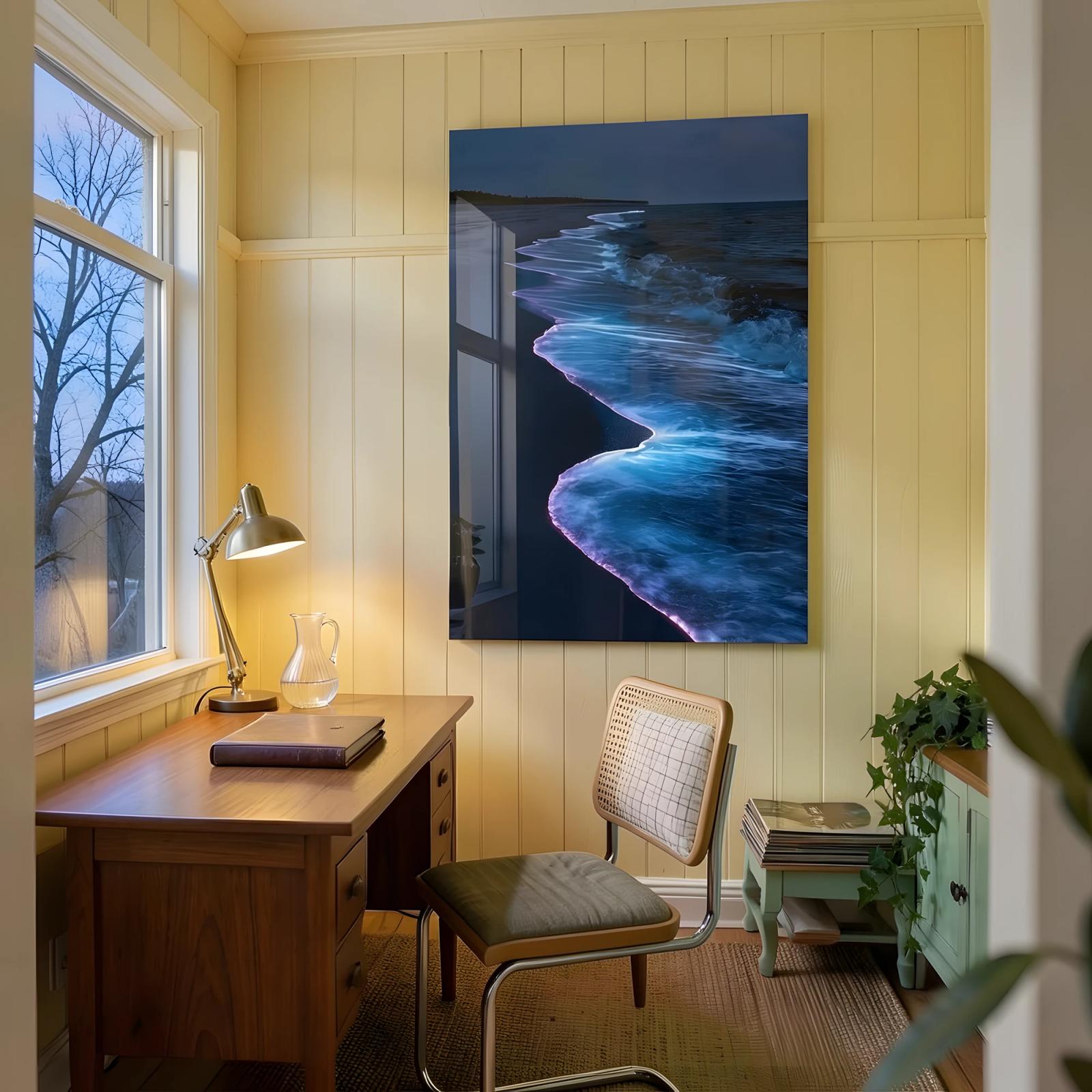Bioluminescent Ocean Wave Art Glowing Night Shoreline | Glass Wall Art — 6