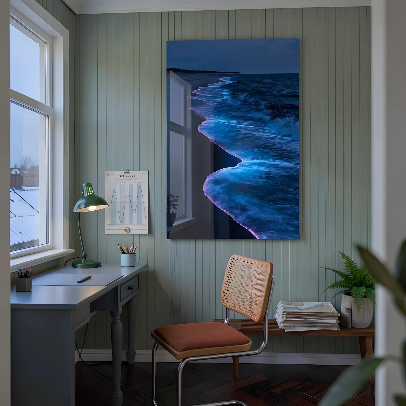 Bioluminescent Ocean Wave Art Glowing Night Shoreline | Glass Wall Art — 7