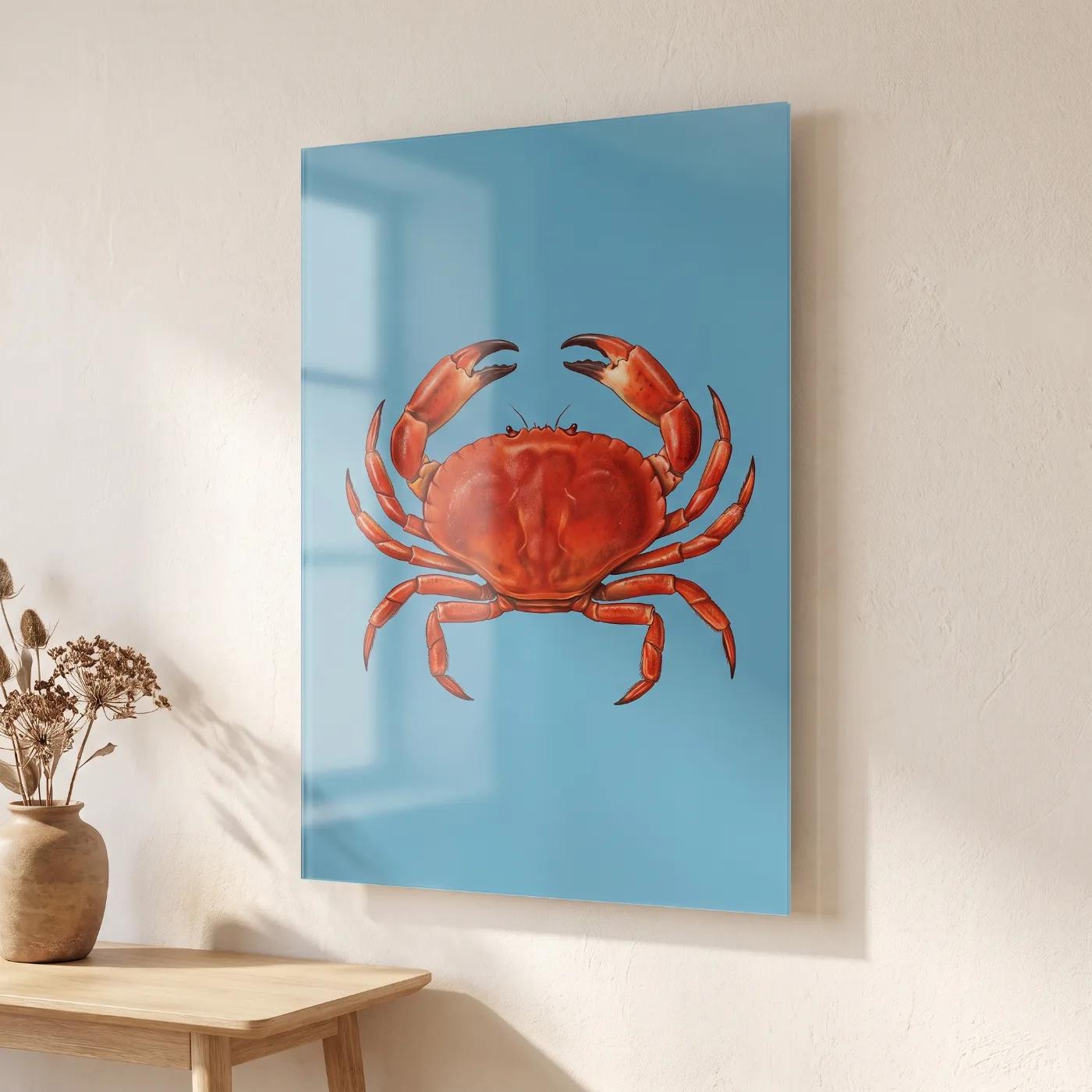 Crab Glass Wall Art Red Coastal Nautical Tempered Glass Print