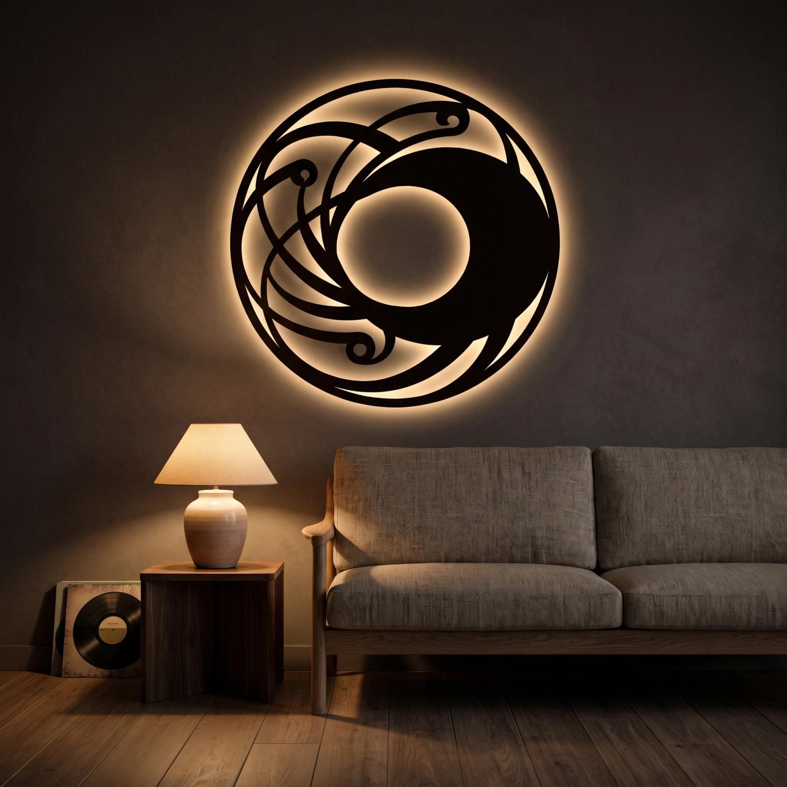Crescent Moon Metal LED Wall Art – Lunar Coil, Modern Living Room Decor