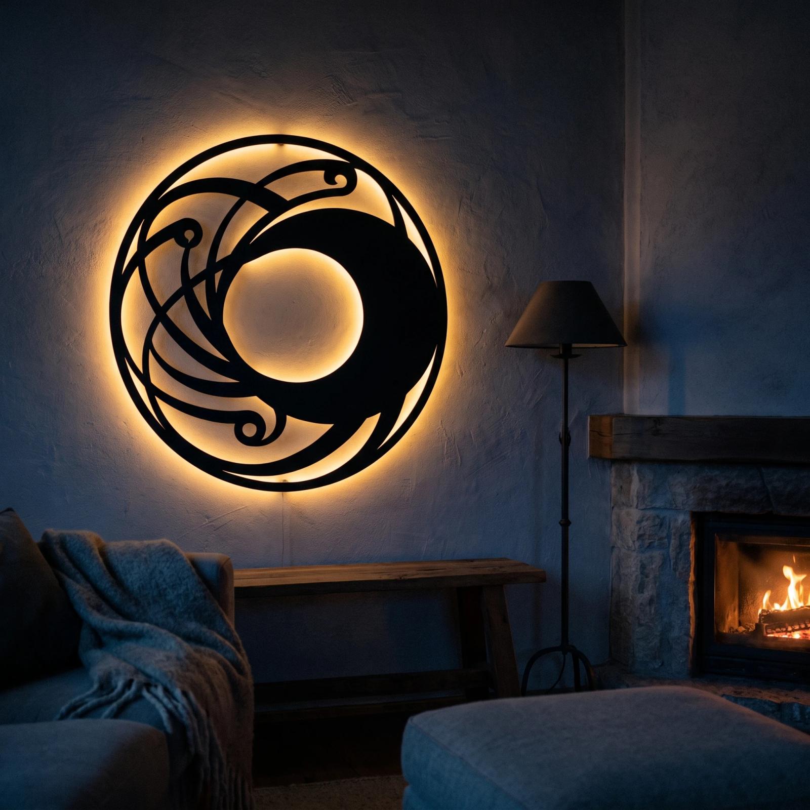 Crescent Moon Metal LED Wall Art – Lunar Coil, Modern Living Room Decor — 6