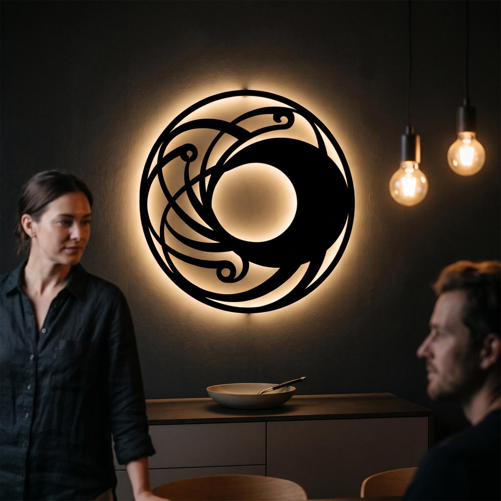 Crescent Moon Metal LED Wall Art – Lunar Coil, Modern Living Room Decor — 9