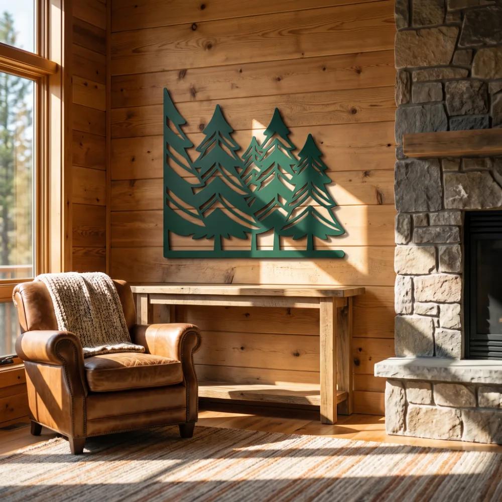 Pine Forest Metal Wall Art – Silent Timberline, Rustic Cabin Lodge Decor