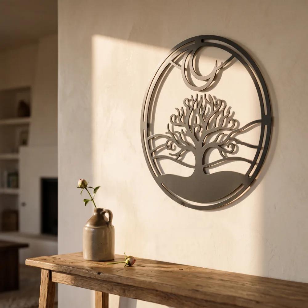 Tree of Life Metal Wall Art – Lunar Grove, Crescent Moon Living Room Decor