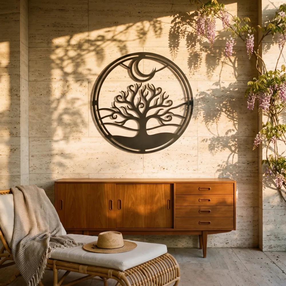 Tree of Life Metal Wall Art – Lunar Grove, Crescent Moon Living Room Decor — 2