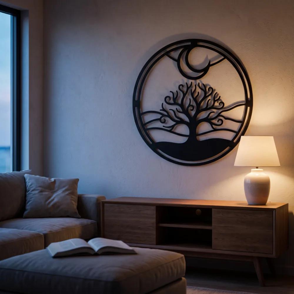 Tree of Life Metal Wall Art – Lunar Grove, Crescent Moon Living Room Decor — 6
