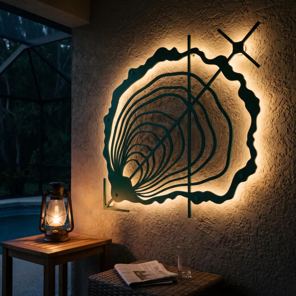 Oyster Shell Metal LED Wall Art – Tidal Bloom, Coastal Living Room Decor — 5