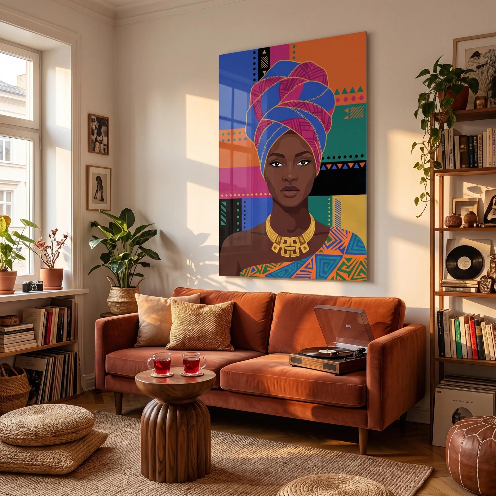 African Woman Portrait Colorful Tribal Glass Wall Art