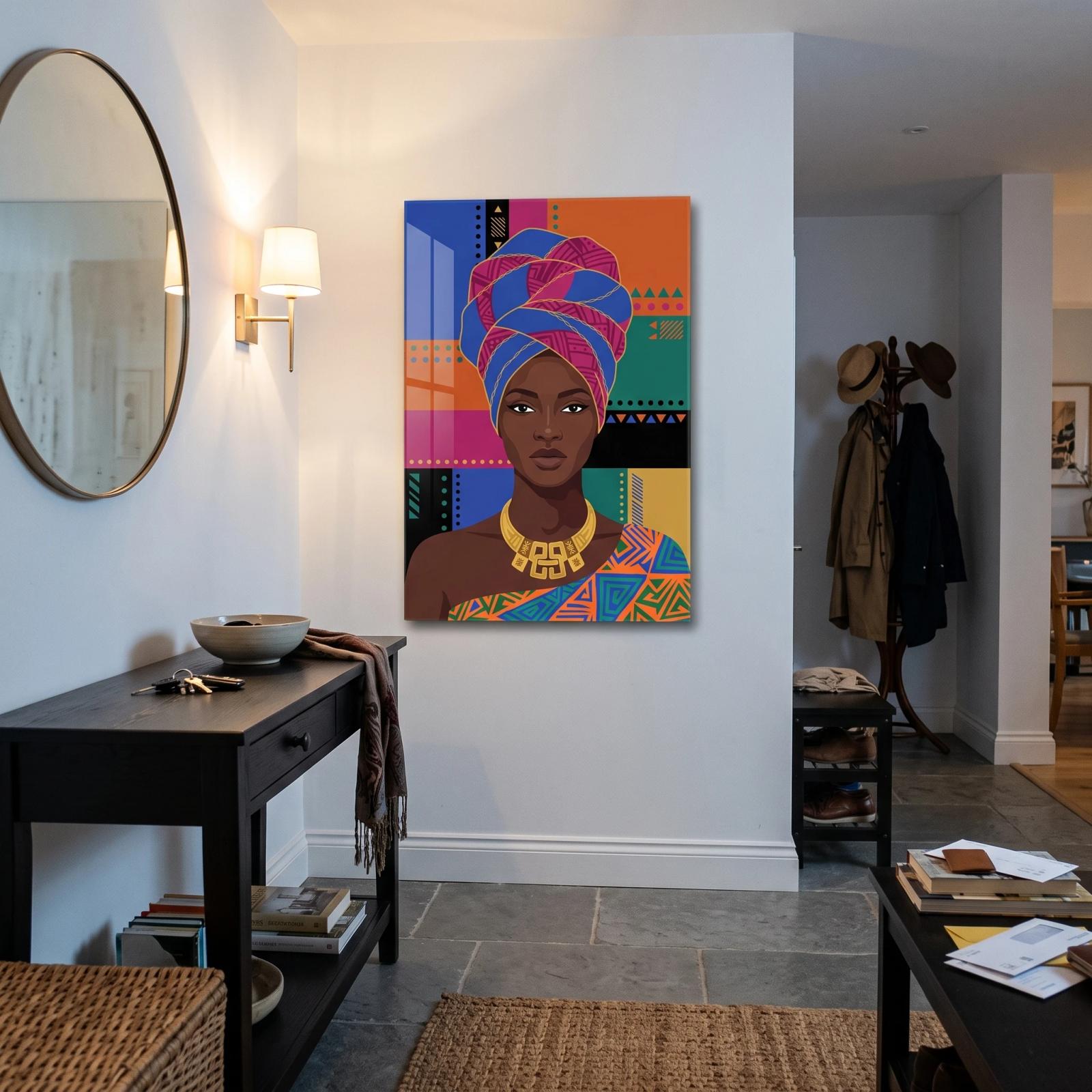 African Woman Portrait Colorful Tribal Glass Wall Art — 4