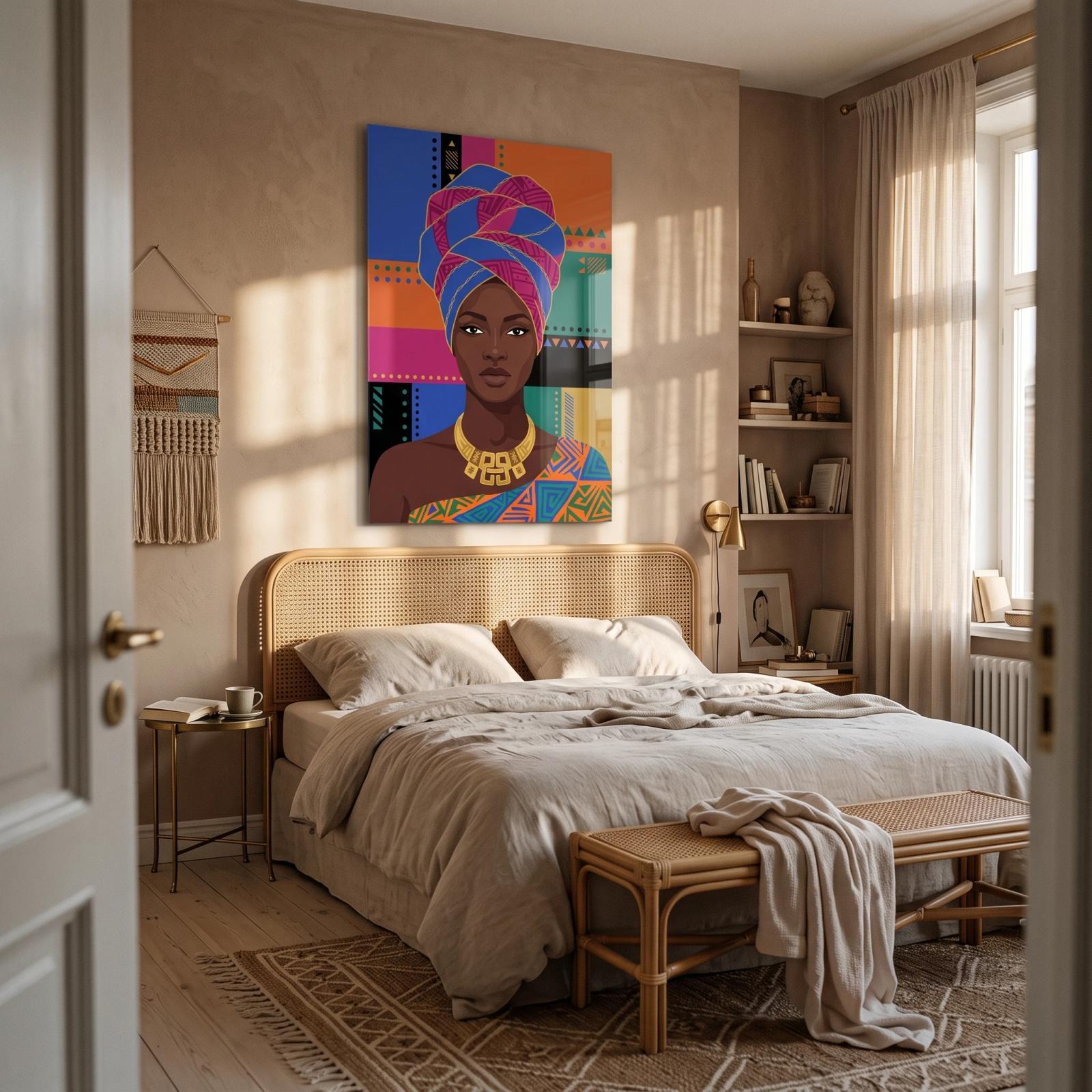 African Woman Portrait Colorful Tribal Glass Wall Art — 5