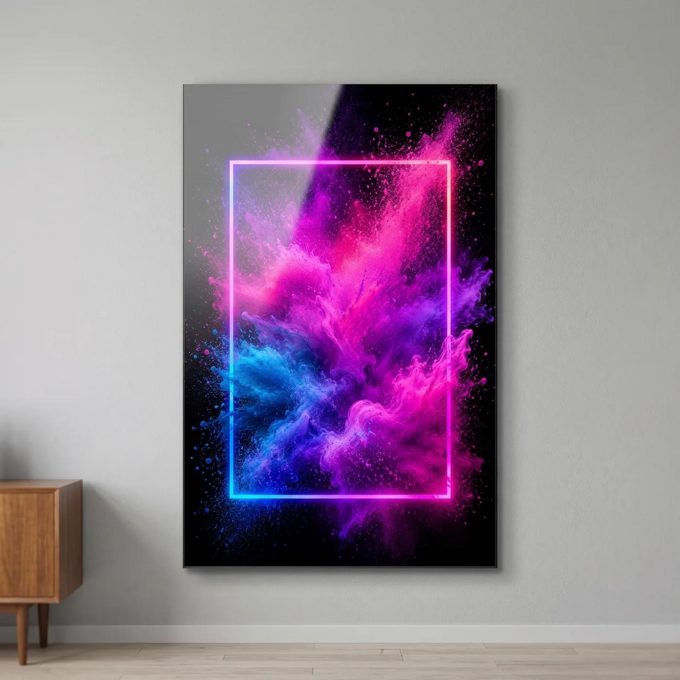 Neon Abstract Glass Wall Art Pink Blue Powder Burst | Glass Wall Art