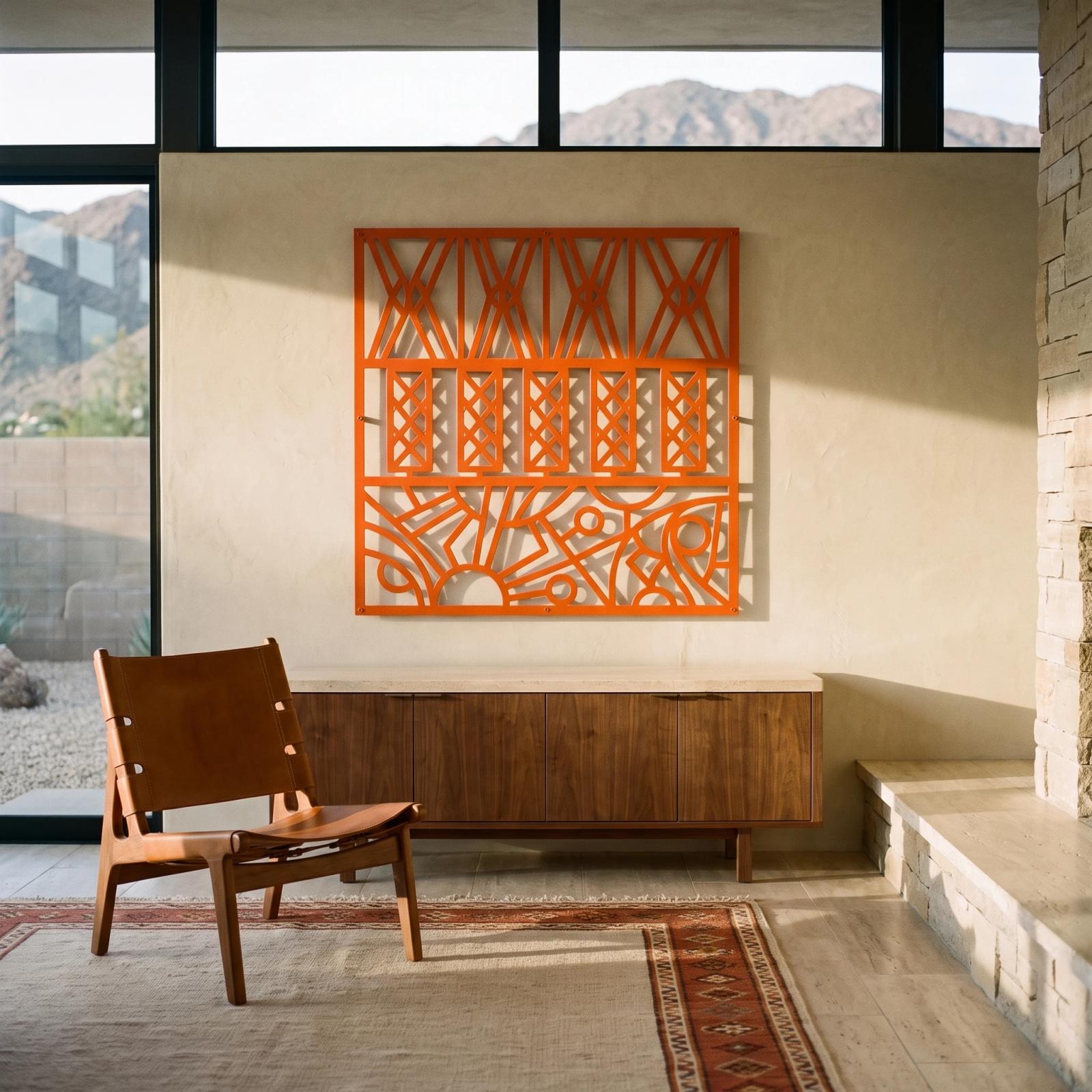 Geometric Metal Wall Art Mid Century Sunburst Screen – Solstice Terrace, Living Room Decor