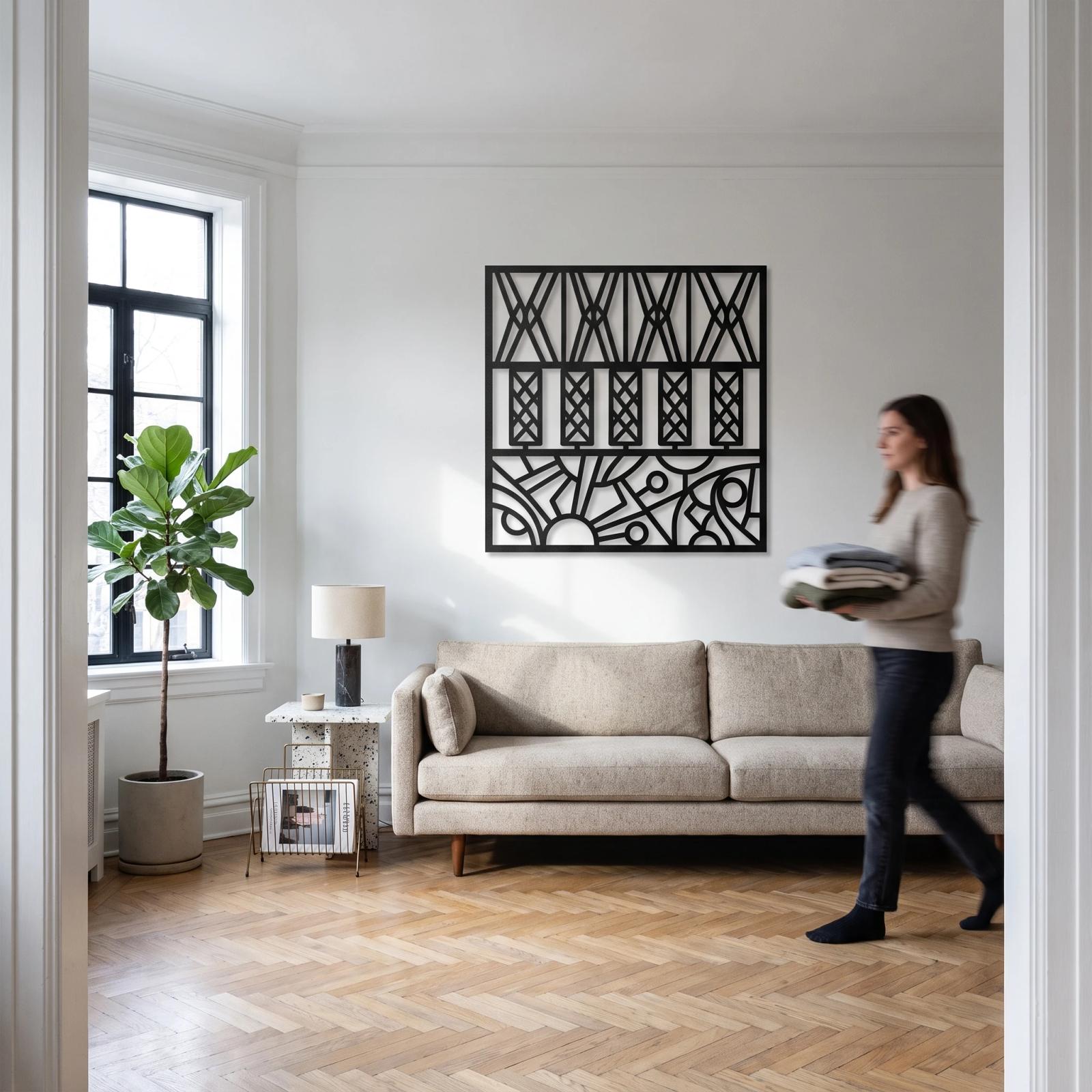 Geometric Metal Wall Art Mid Century Sunburst Screen – Solstice Terrace, Living Room Decor — 2