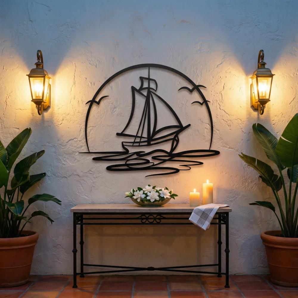 Sailboat Metal Wall Art – Ocean Horizon, Coastal Living Room Decor