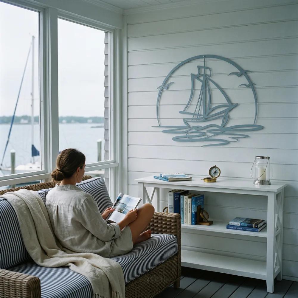 Sailboat Metal Wall Art – Ocean Horizon, Coastal Living Room Decor — 4