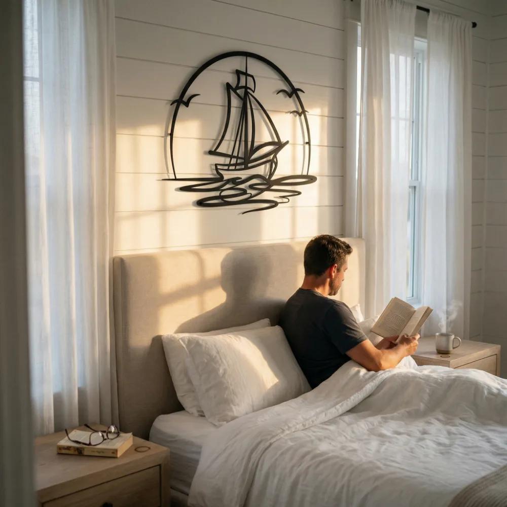 Sailboat Metal Wall Art – Ocean Horizon, Coastal Living Room Decor — 5