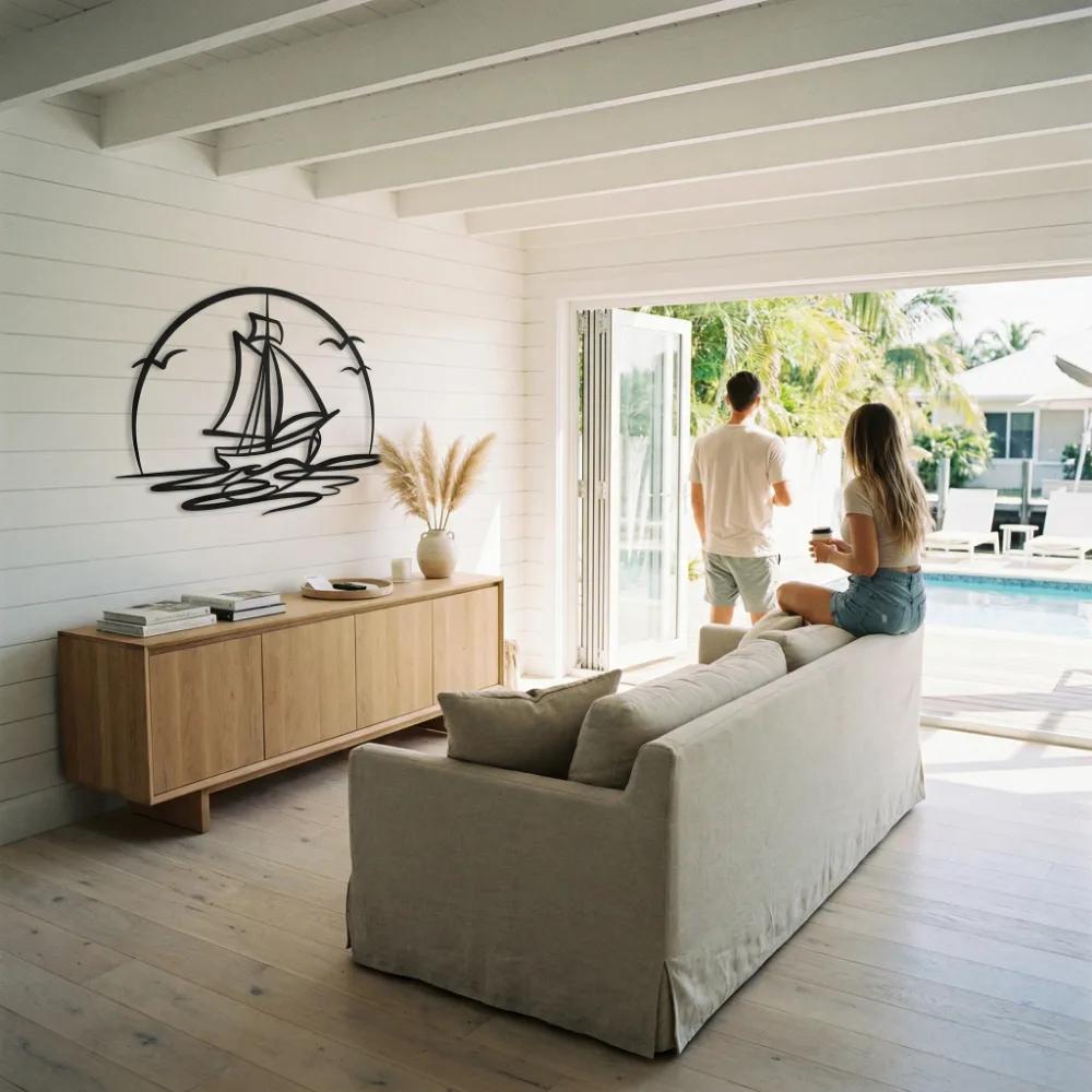 Sailboat Metal Wall Art – Ocean Horizon, Coastal Living Room Decor — 7