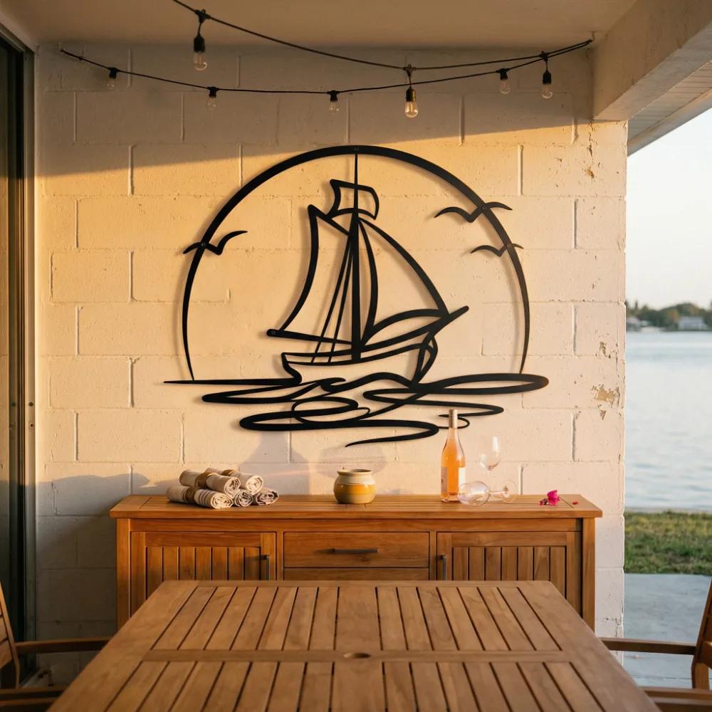 Sailboat Metal Wall Art – Ocean Horizon, Coastal Living Room Decor — 8