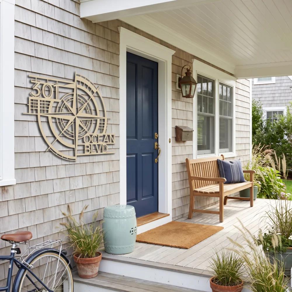 Custom Nautical Compass Address Sign – Ocean Navigator, Coastal Front Porch Metal Decor — 3