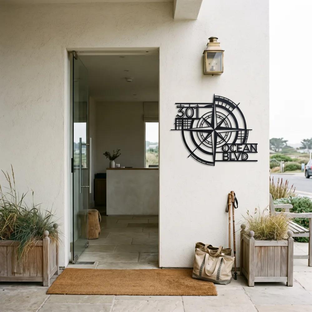 Custom Nautical Compass Address Sign – Ocean Navigator, Coastal Front Porch Metal Decor — 4