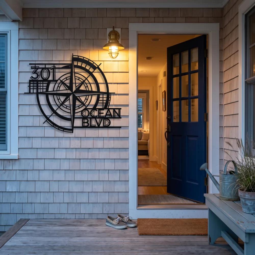 Custom Nautical Compass Address Sign – Ocean Navigator, Coastal Front Porch Metal Decor — 5