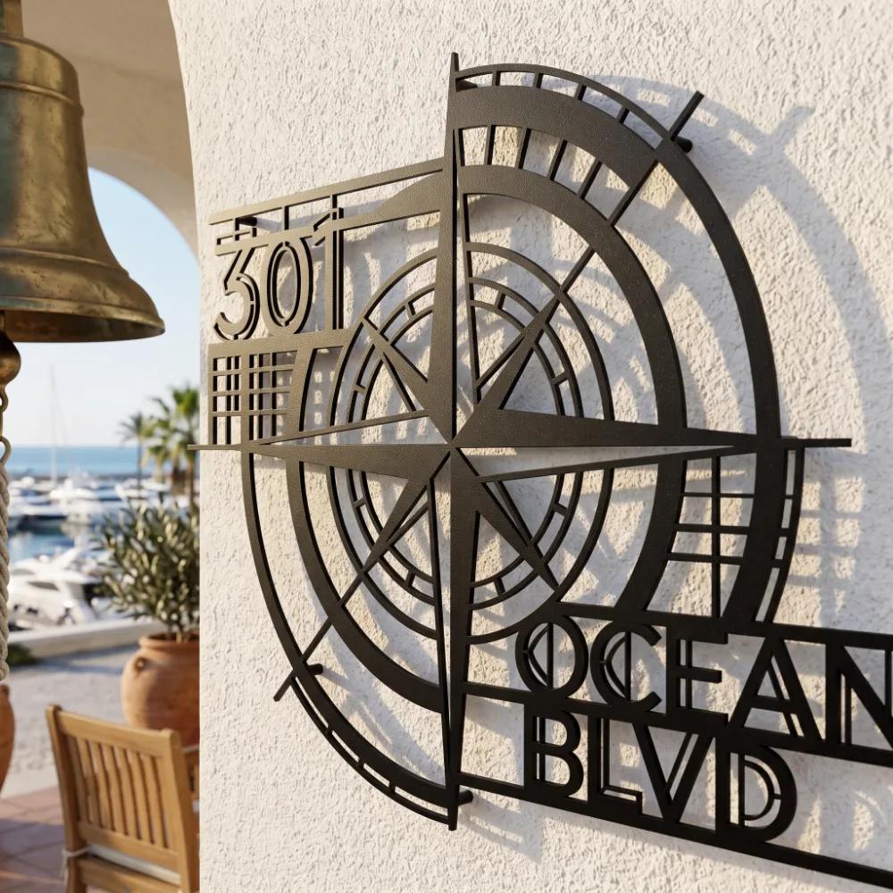 Custom Nautical Compass Address Sign – Ocean Navigator, Coastal Front Porch Metal Decor — 6