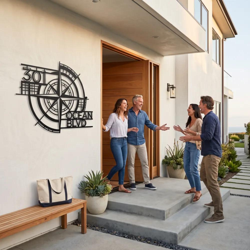 Custom Nautical Compass Address Sign – Ocean Navigator, Coastal Front Porch Metal Decor — 8