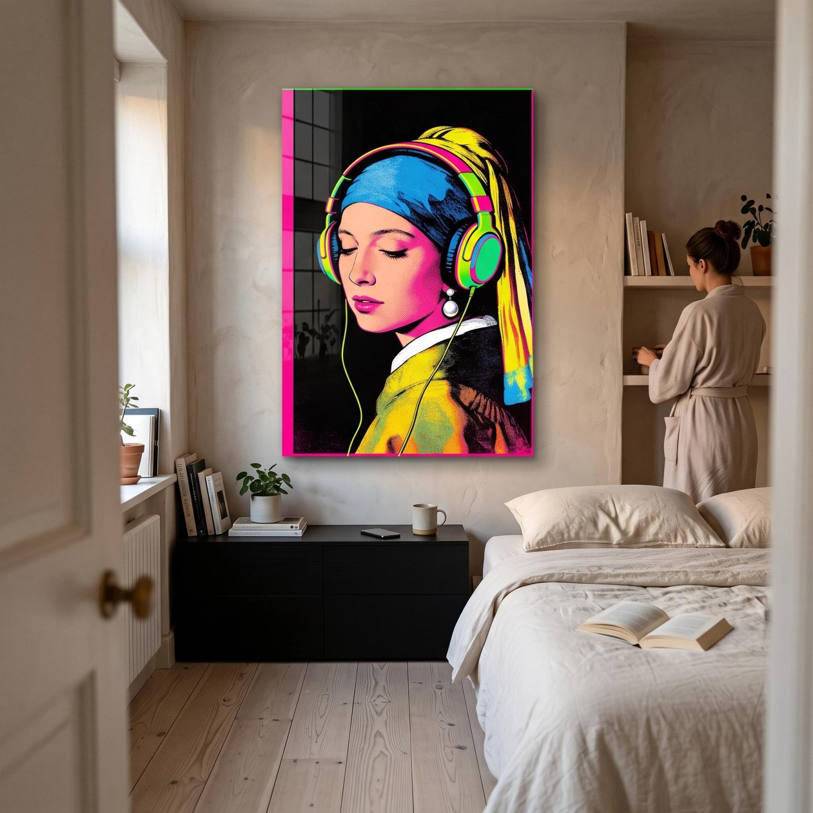 Pop Art Girl Pearl Earring Neon Portrait Glass Wall Art — 2