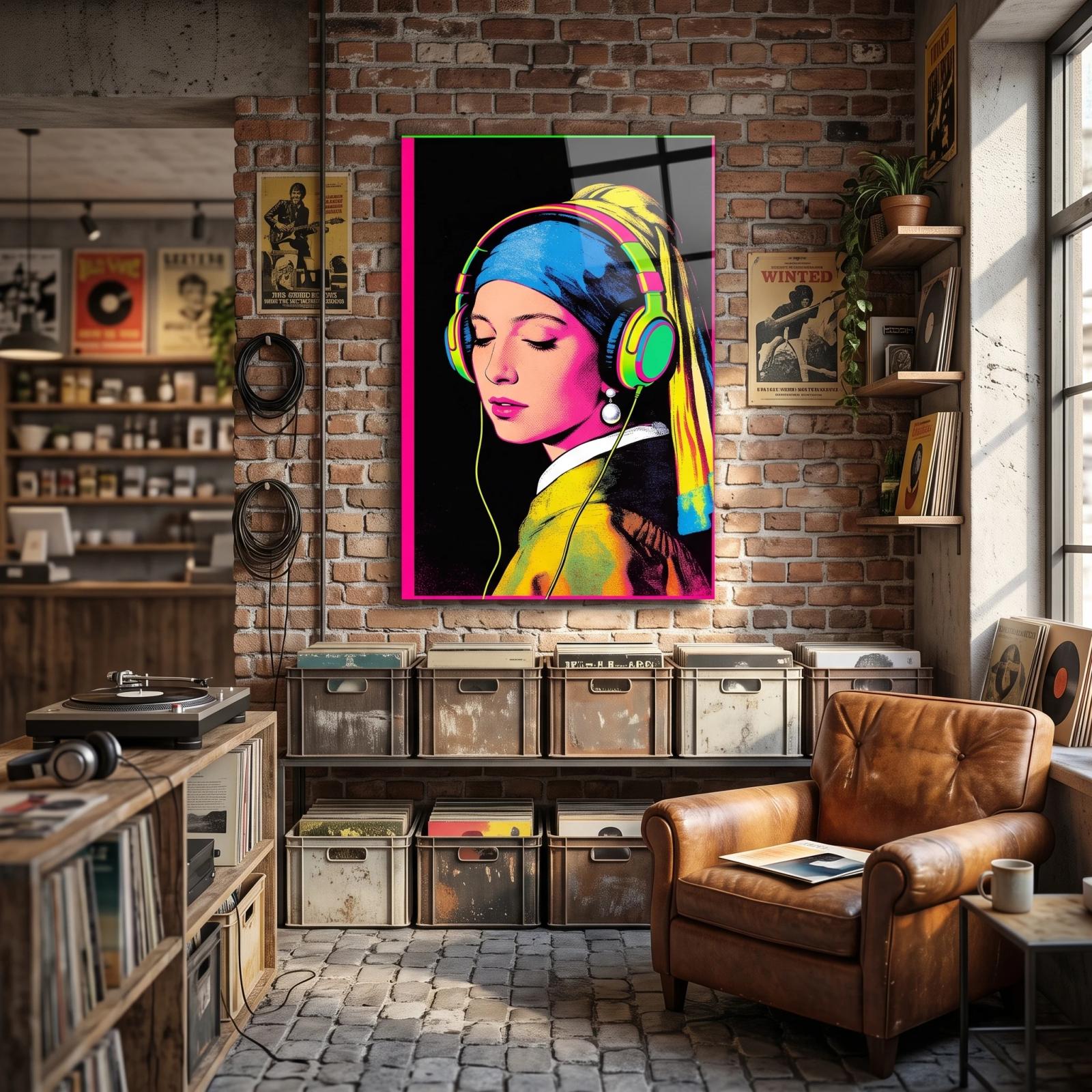 Pop Art Girl Pearl Earring Neon Portrait Glass Wall Art — 3