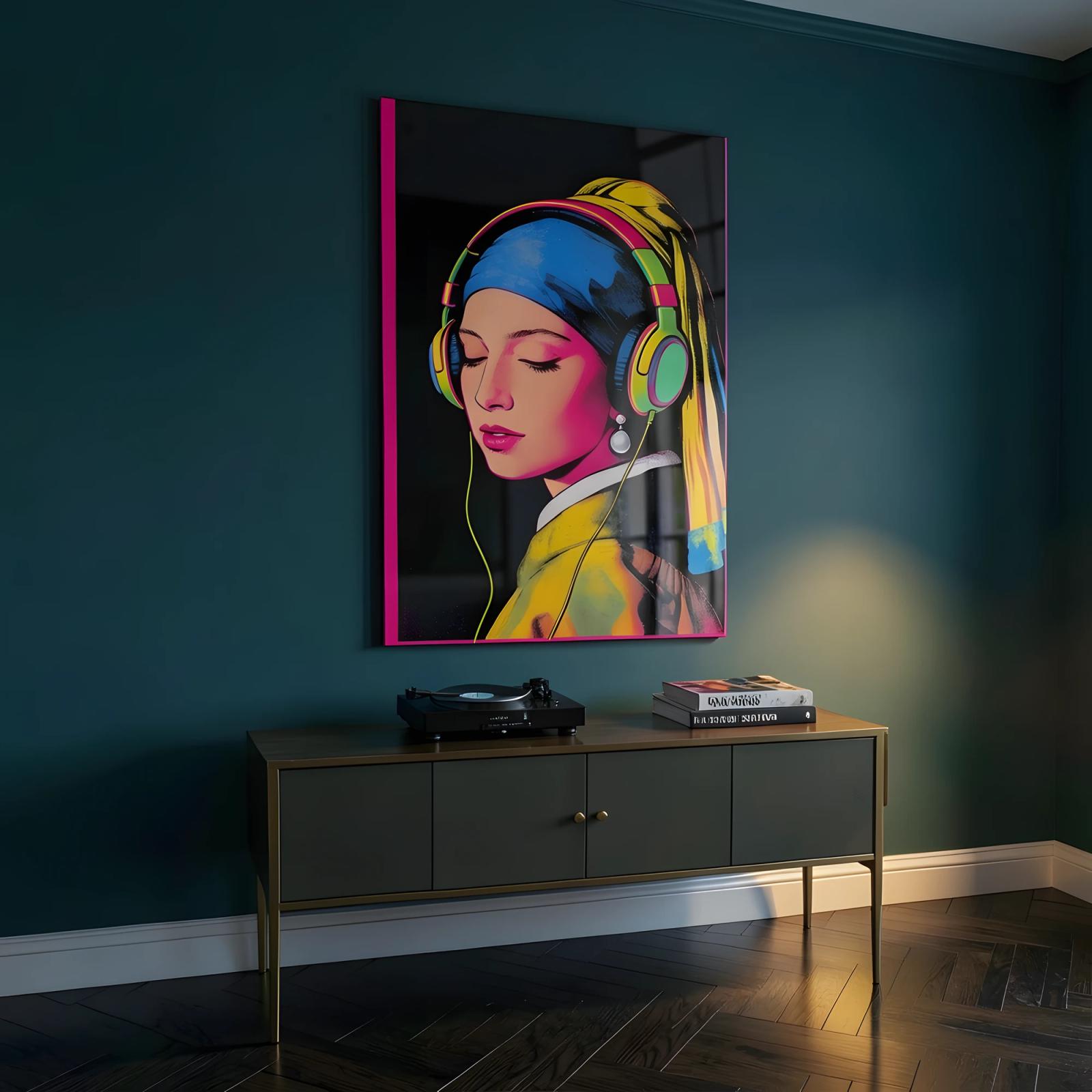 Pop Art Girl Pearl Earring Neon Portrait Glass Wall Art — 5