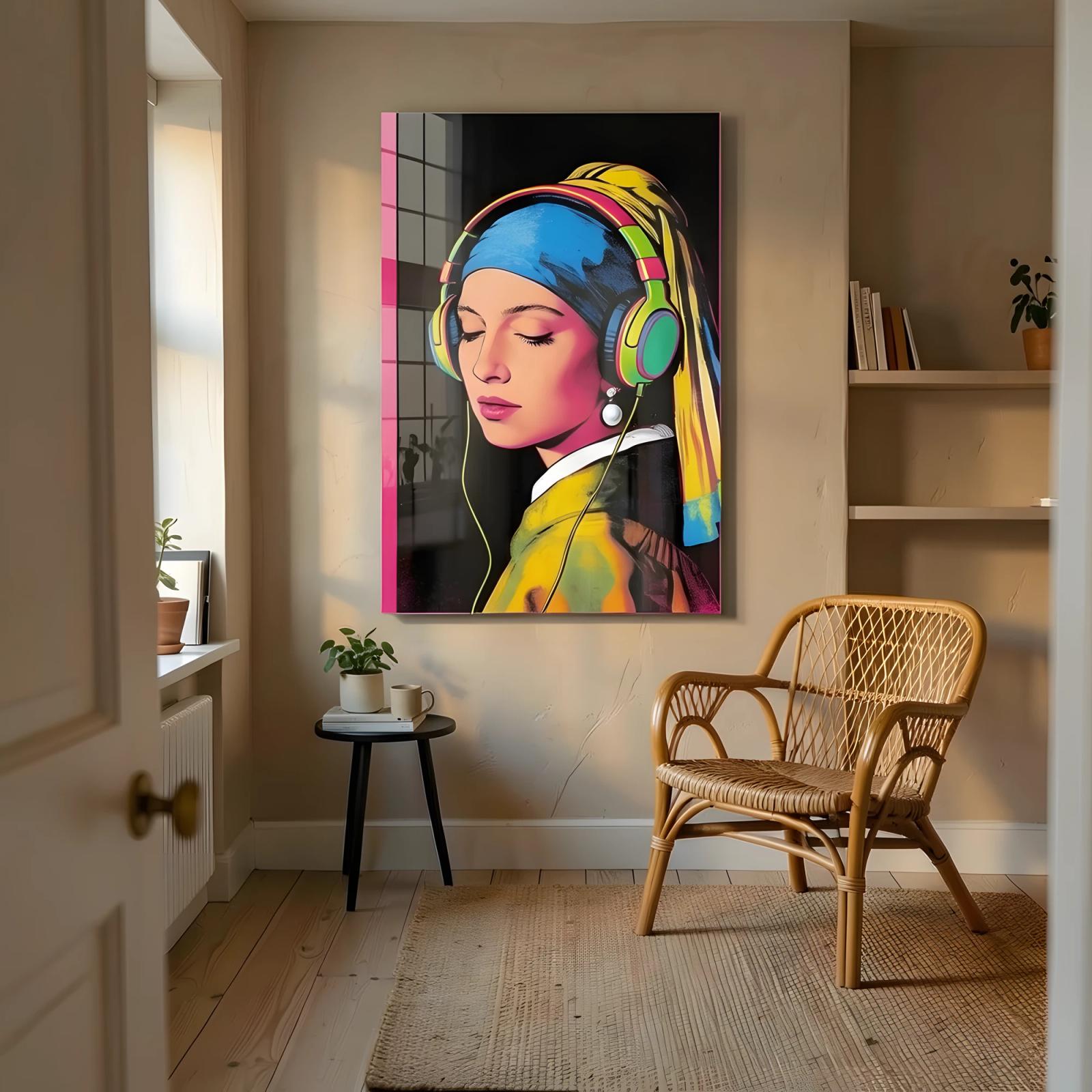 Pop Art Girl Pearl Earring Neon Portrait Glass Wall Art — 7