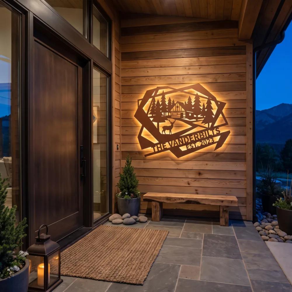 Custom Cabin Metal Wall Art – Wilderness Lodge Address Sign, Outdoor Porch Decor