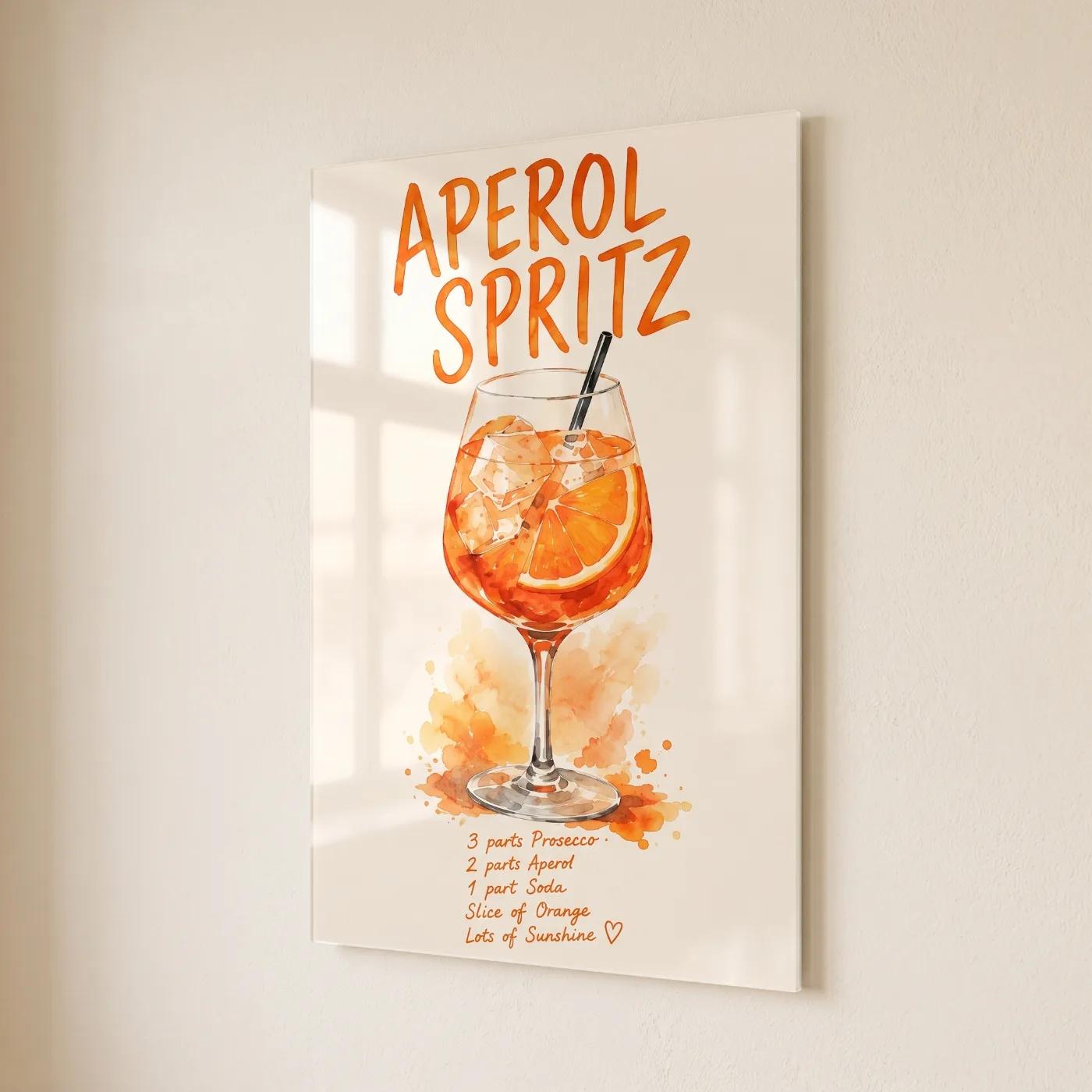 Aperol Spritz Cocktail Recipe Watercolor Bar Cart | Glass Wall Decor