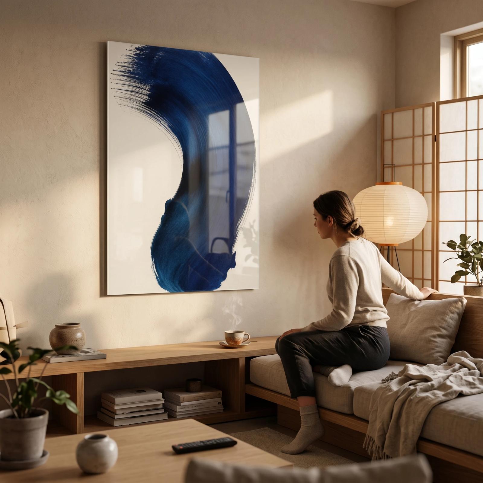 Cobalt Brushstroke Abstract Minimalist Glass Wall Art