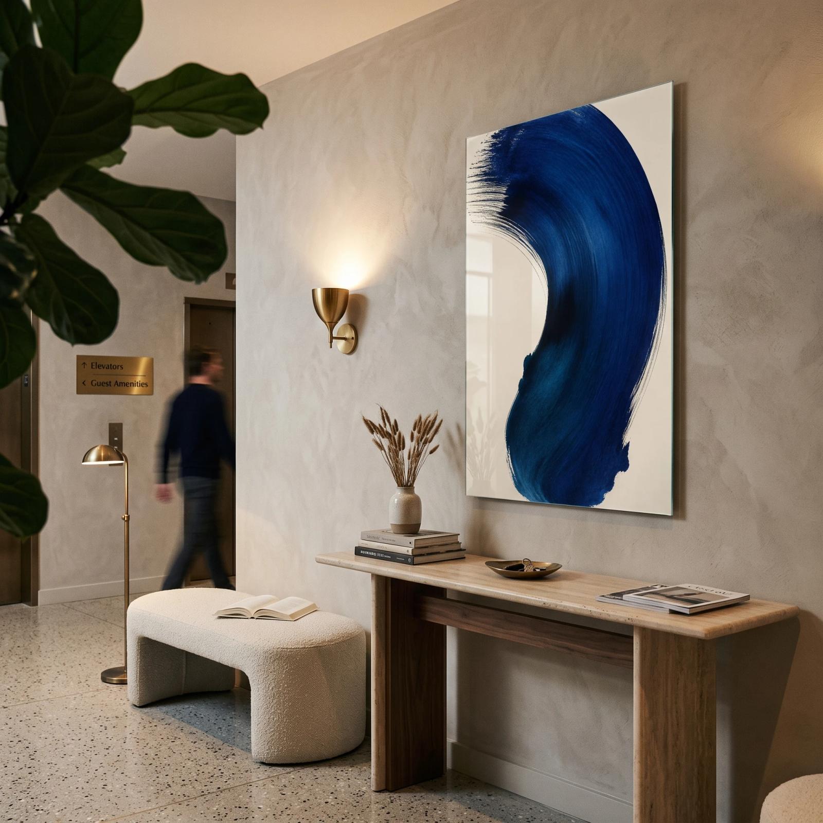 Cobalt Brushstroke Abstract Minimalist Glass Wall Art — 2