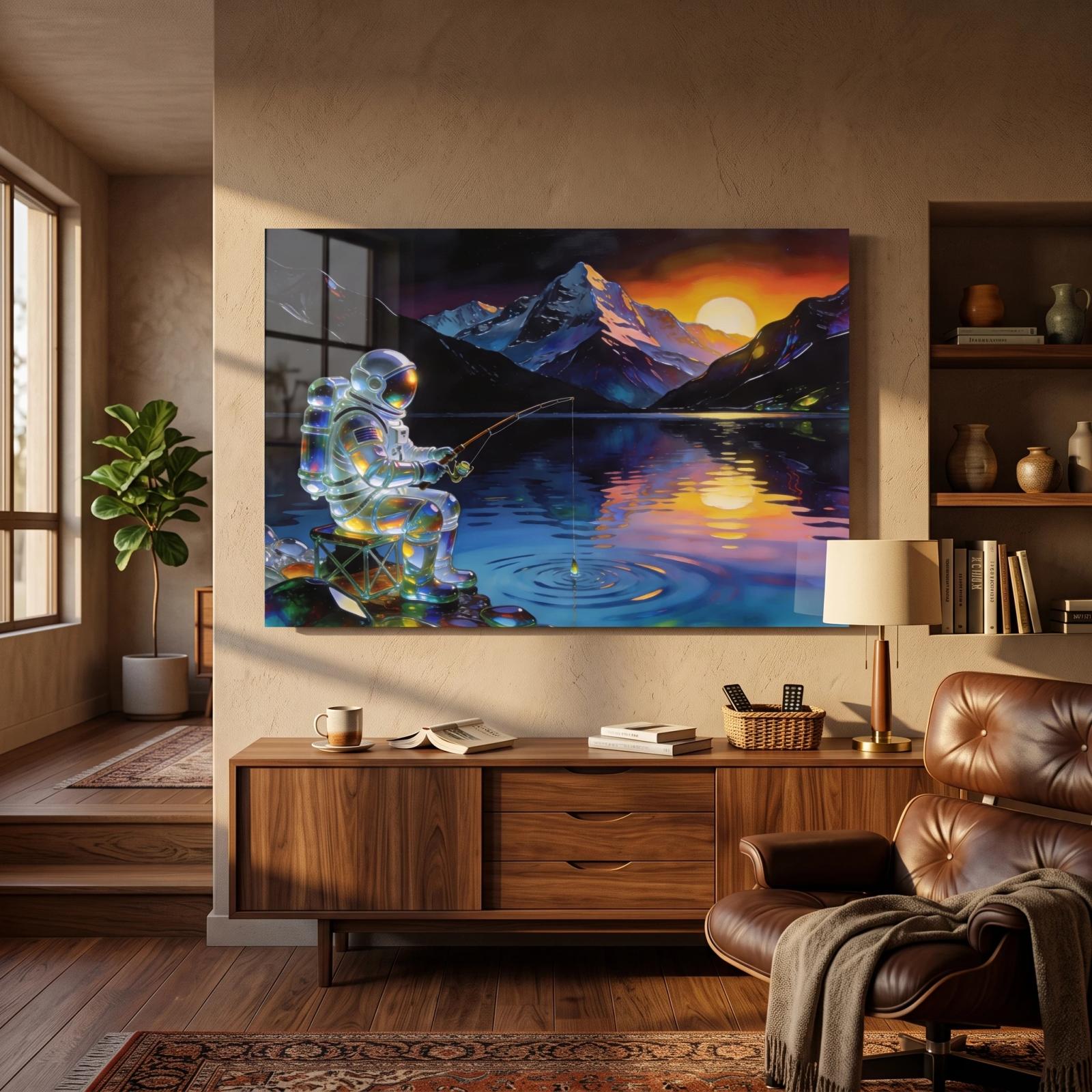 Astronaut Fishing Glass Wall Art Sunset Lake | Glass Wall Art