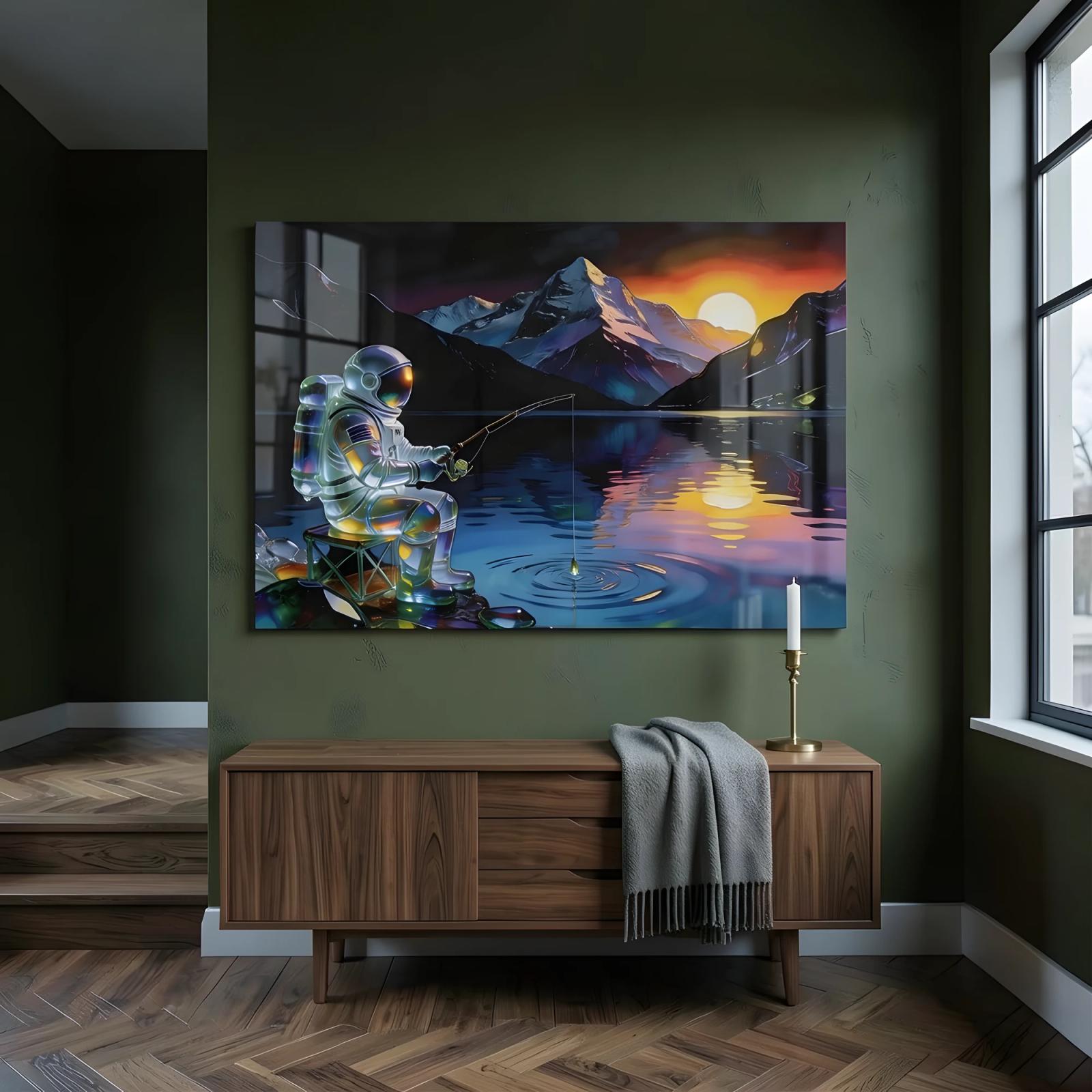 Astronaut Fishing Glass Wall Art Sunset Lake | Glass Wall Art — 5