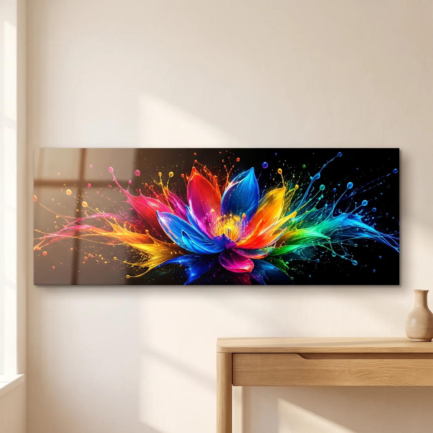 Rainbow Floral Glass Wall Art Vibrant Lotus Splash | Glass Wall Art