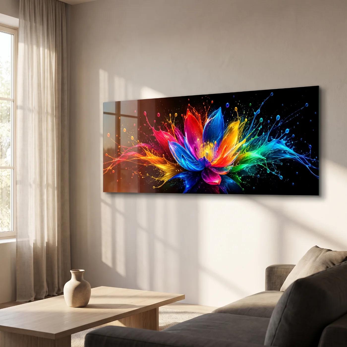 Rainbow Floral Glass Wall Art Vibrant Lotus Splash | Glass Wall Art — 2