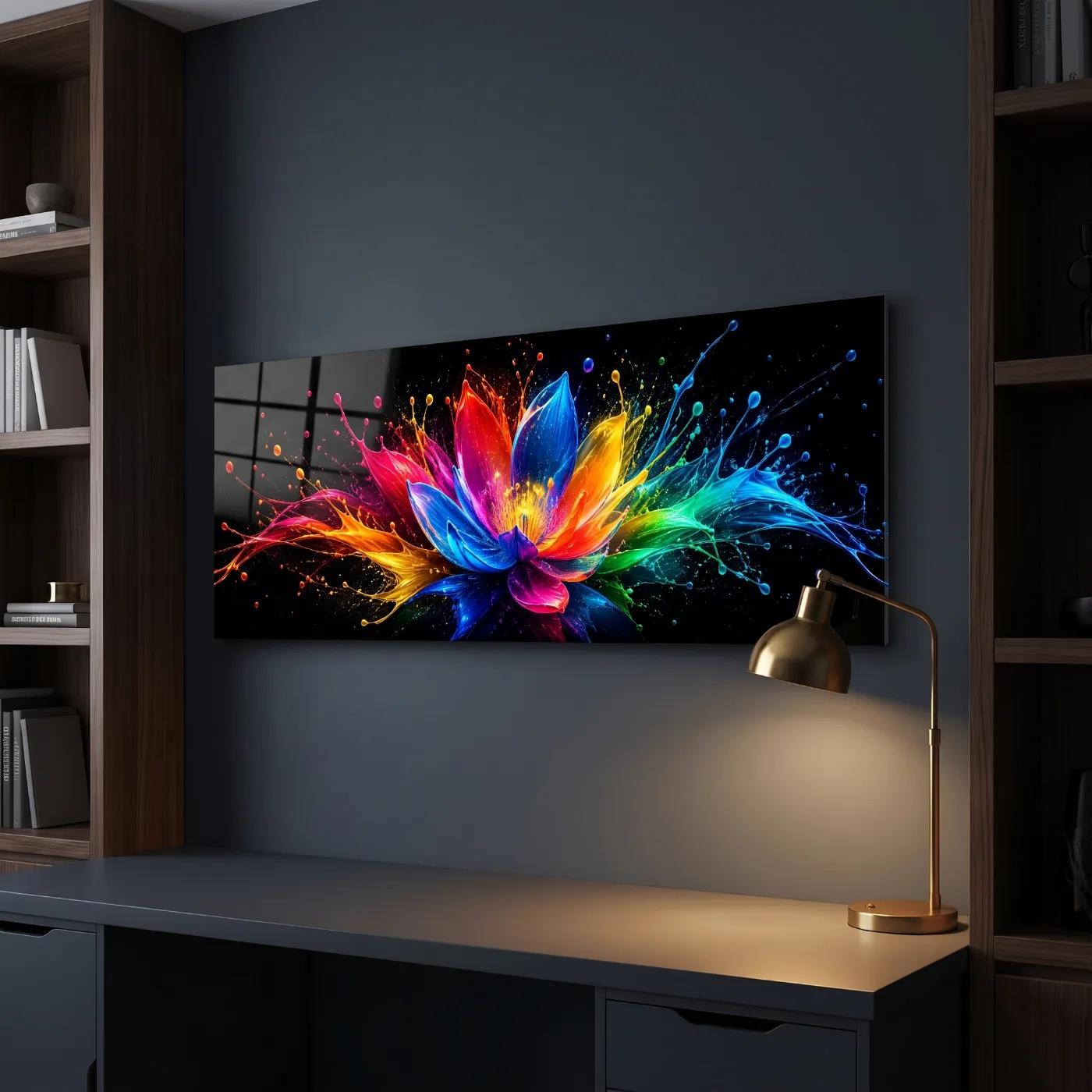 Rainbow Floral Glass Wall Art Vibrant Lotus Splash | Glass Wall Art — 3